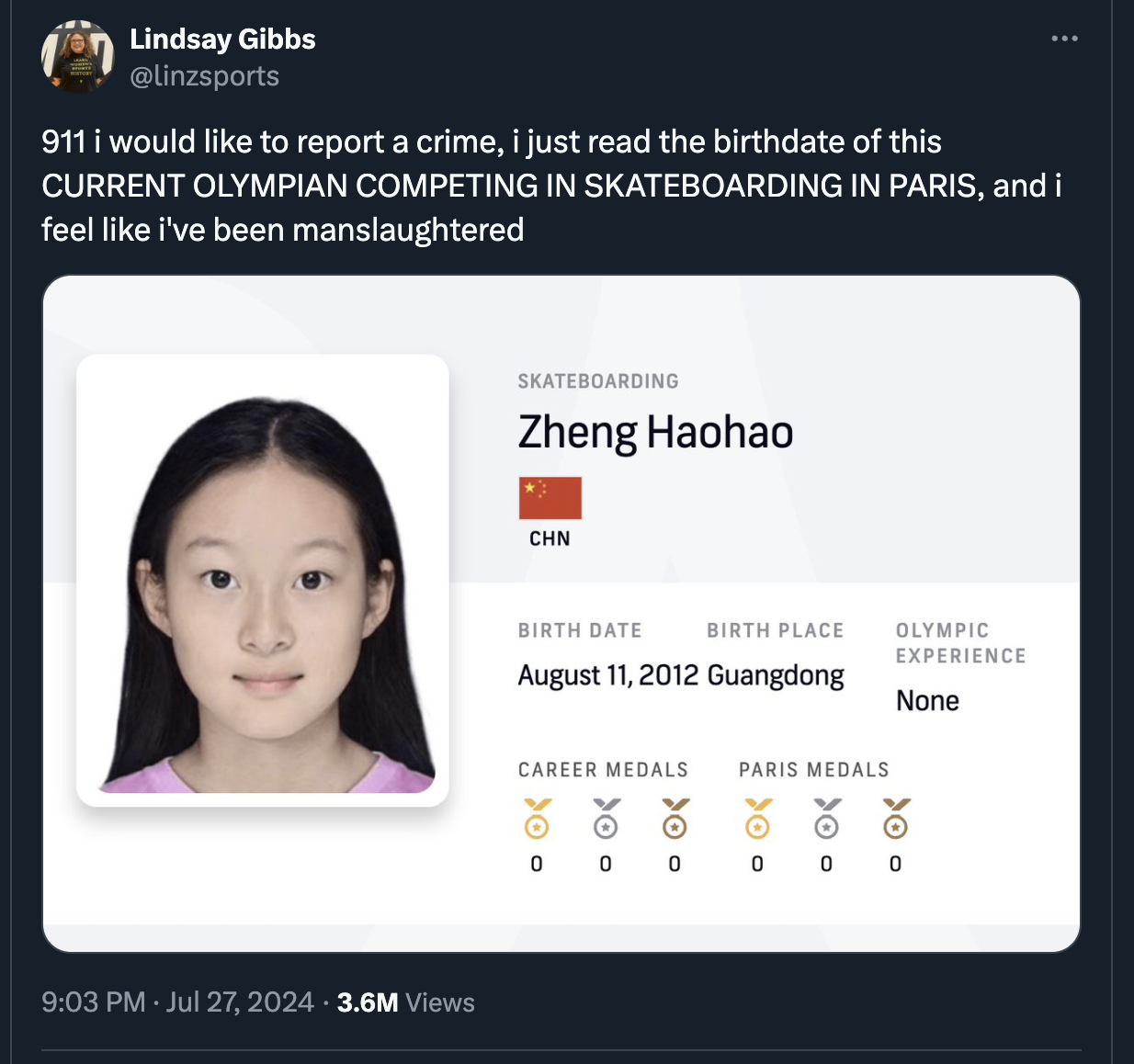 screenshot - Lindsay Gibbs 911 i would to report a crime, i just read the birthdate of this Current Olympian Competing In Skateboarding In Paris, and i feel i've been manslaughtered Skateboarding Zheng Haohao Chn Birth Date Birth Place Olympic Experience 